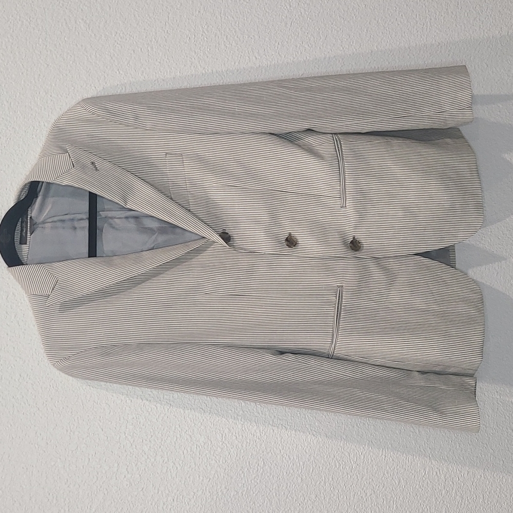Indochino gray and white stripe blazer jacket